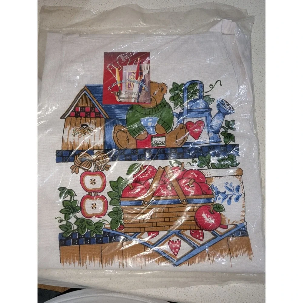 Vintage Kitchen Traditions Bib Apron White Cotton Country Teddy Bear Apple NOS